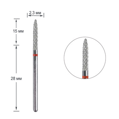 Maniküre-Fräser TUFI profi, Kegel, dünnes, halbkugelförmiges Ende, 292140023/C.2.35R, Hartmetall, rot - Фото №1