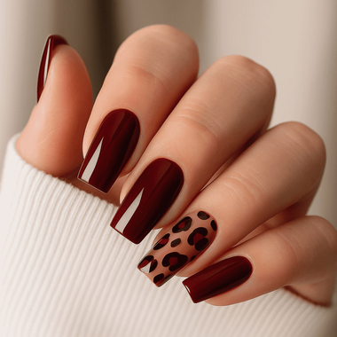 Dark Red Nails (leopard design)