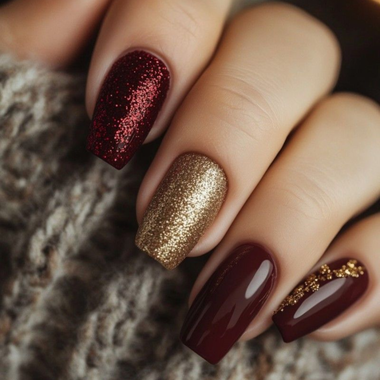 Бордовые ногти с золотом