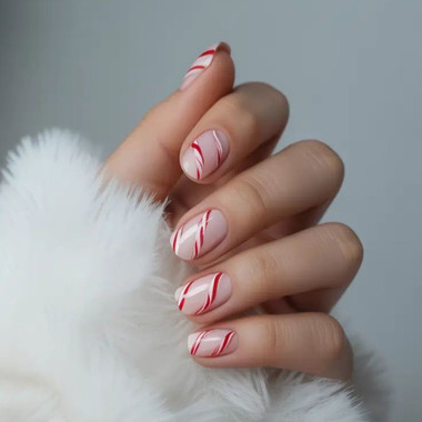 Winter manicure with red and white stripes