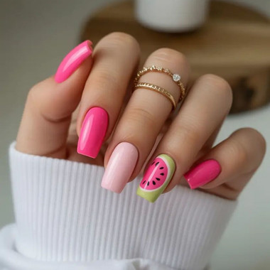 Bright manicure with fruit print