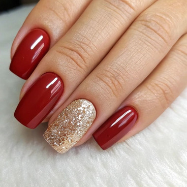 Red nails with a gold accent