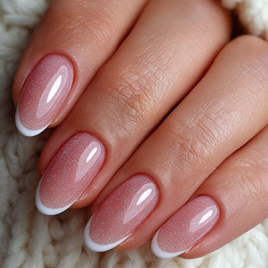 Pink manicure with white French tips and delicate shimmer