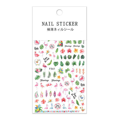 Thin self-adhesive nail stickers plants flamingos F561 - Фото №3