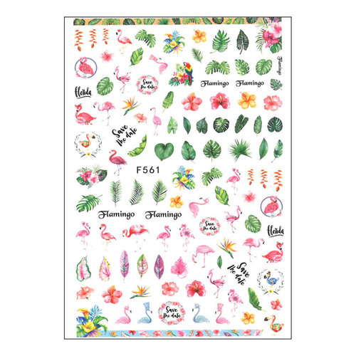 Thin self-adhesive nail stickers plants flamingos F561 - Фото №1