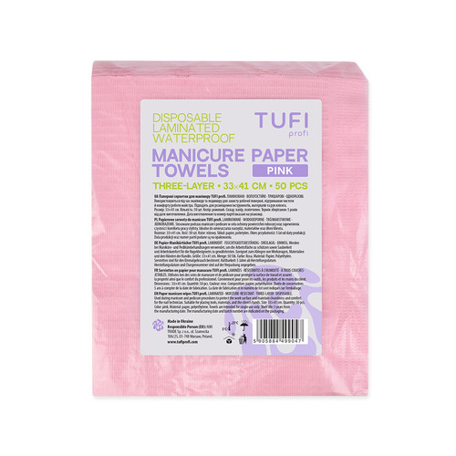 Papierservietten für die Maniküre TUFI profi Einweg-Papierservietten, laminiert, wasserabweisend, rosa, 41 x 33 cm, 50 Stück (0331521) - Фото №2