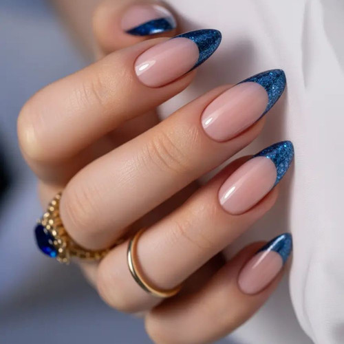 Winter blue French manicure with shimmer