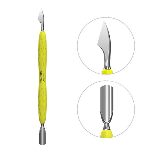 Manicure spatula Staleks Gummy with yellow silicone handle UNIQ 10 TYPE 3 (narrow rounded pusher + hatchet) - Фото №1