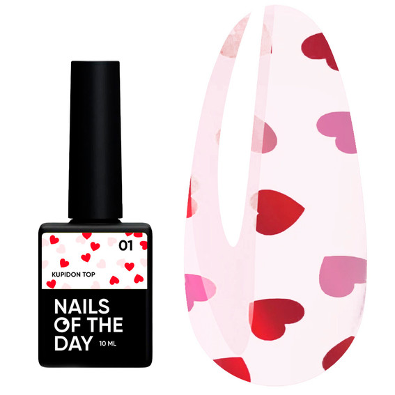 Топ NAILSOFTHEDAY Kupidon top 01 с красными и розовыми сердечками без липкого слоя 10 мл - Фото №1