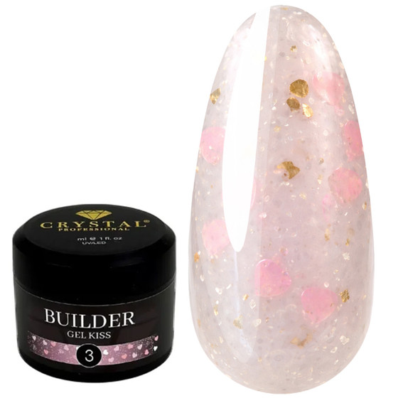 Gel for extension Crystal Builder Gel KISS 3 light pink with pink hearts 15 ml - Фото №1
