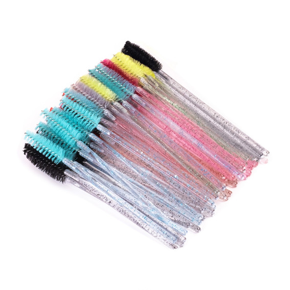 Eyelash and eyebrow brush, multi-colored, transparent handle with glitter, 50 pcs. - Фото №2