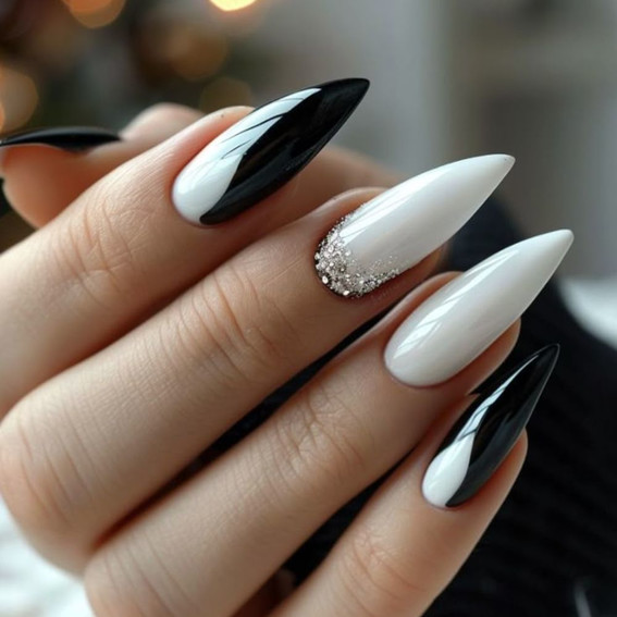 Black and white manicure on long nails